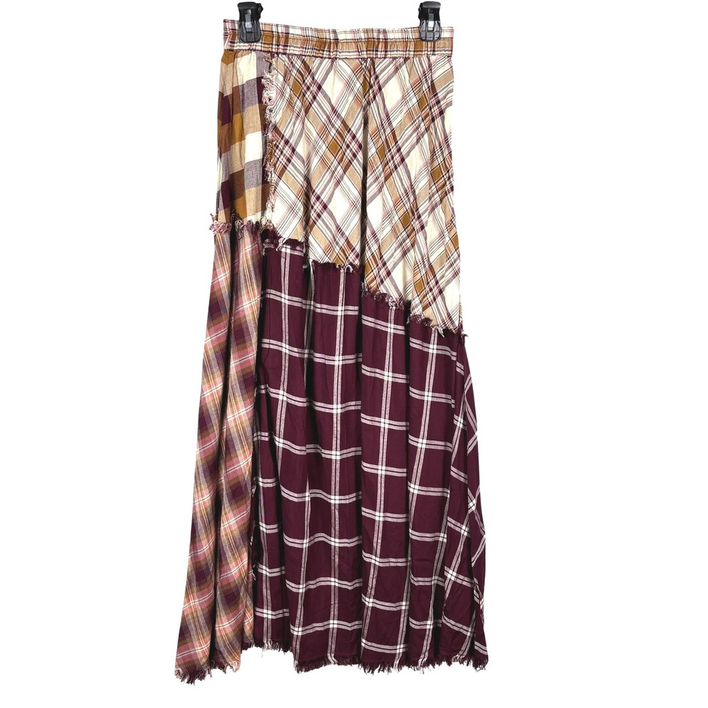 Cato Boho Maxi Skirt S Burgundy Plaid Patchwork Festival Western Hippie Fall